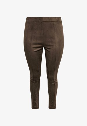 Brown suede leggings with a smooth texture, featuring a fitted shape and a high waistband, ideal for comfortable wear.