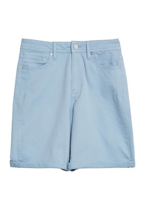 Hellblaue knielange Shorts mit Gürtelschlaufen, vorderem Knopf, Reißverschluss, zwei Vordertaschen und umgeschlagenen Säumen.