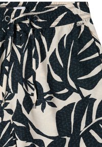 Shorts with black and beige tropical leaf pattern, elastic waistband, and black drawstring with metal tips.
