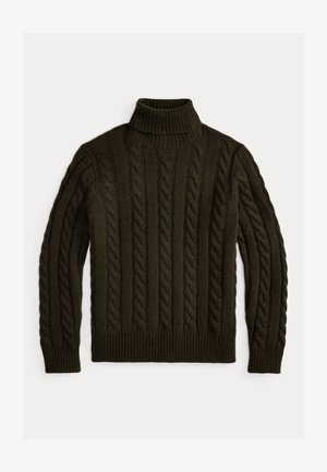 Jersey de punto grueso en verde oscuro con cuello alto, que presenta patrones texturizados prominentes, puños acanalados y dobladillo. Hecho de material de punto grueso.