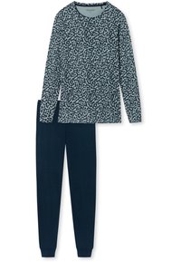 Long-sleeve top in light blue with a dark patterned design, paired with dark blue fitted pants. Soft fabric, stretchy material, and ribbed cuffs.