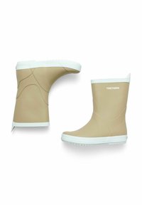 Beige gummistøvler med en glat tekstur og hvide accenter. Kort højde med rund tå og rillet sål for bedre greb. Brandlogo synligt.