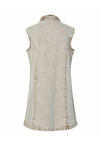 Gilet senza maniche in denim, di colore grigio chiaro con una sottile texture, dotato di colletto a cappotto e cuciture laterali. Di lunghezza media con orlo curvo.