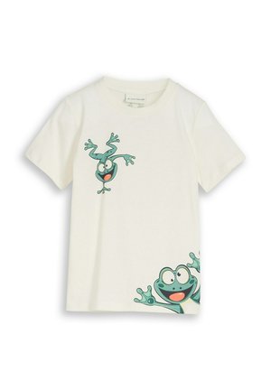 Weißes T-Shirt mit kurzen Ärmeln, bedruckt mit zwei verspielten grünen Cartoonfröschen, einer in Brustnähe und einer, die aus der unteren rechten Ecke hervorschaut.