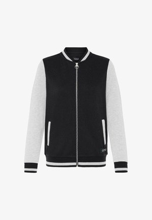 Črno-siva bombažna jakna na zadrgo ima rebraste manšete in spodnji rob, stranske žepe, kontrastne rokave in krožno obešalo.