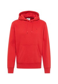 Czerwona bluza z kapturem, z przednią kieszenią kangurką, regulowanym kapturem i małym haftowanym logo na piersi.