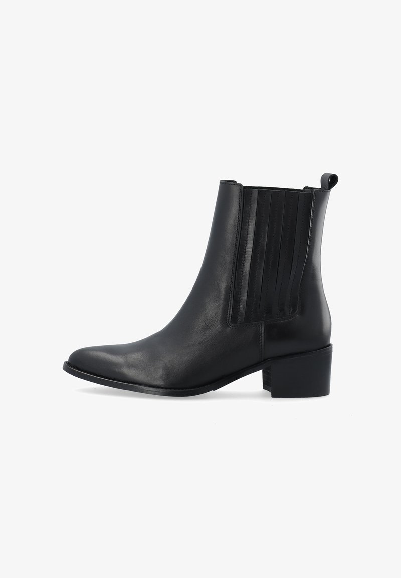 Schwarze Leder-Ankle-Boots mit spitzer Spitze, elastischen seitlichen Einsätzen, leicht erhobenem Blockabsatz und glatter Oberfläche.