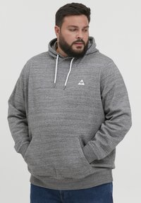 Grauer Kapuzenpullover aus strukturiertem Stoff, mit einer vorderen Tasche, verstellbaren Zugbändern und einem kleinen Logo im linken Brustbereich.
