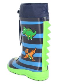 Groene en oranje dinosaurus regenlaars met blauwe strepen, van rubber, met een gestructureerde groene zool en stekelige groene accenten op de achterkant.