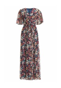 Robe maxi avec un design drapé, des manches courtes et légères, et une taille à nouer. Présente un motif floral coloré sur un tissu transparent.