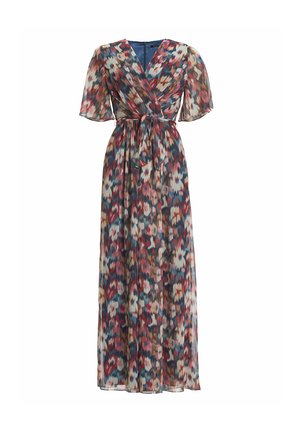 Robe maxi avec un design drapé, des manches courtes et légères, et une taille à nouer. Présente un motif floral coloré sur un tissu transparent.