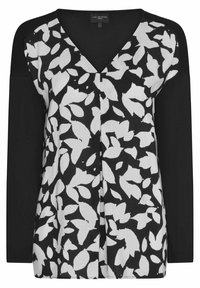 Black long-sleeve blouse with V-neck, front white abstract leaf pattern, and solid black sleeves and upper chest area.