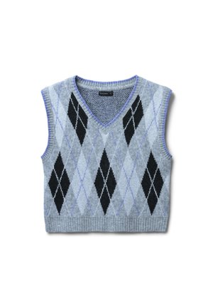 Maglione grigio senza maniche con scollatura a V, caratterizzato da un motivo a rombi in nero e viola chiaro. Orlo a costine e lavorazione a maglia testurizzata. Marca: Calliope.