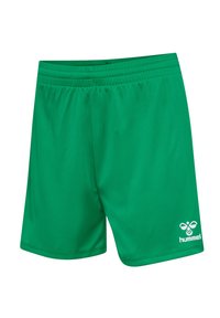 Zielone sportowe szorty wykonane z lekkiego materiału, z elastycznym pasem i małym białym logo na dolnej lewej stronie.