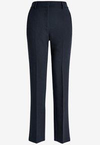 Marineblauwe broek met een rechte pijpdesign, een gladde textuur en een middelhoge taille. Voorzien van twee zijzakken en een nette afwerking.