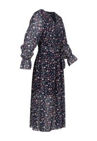 Vestido largo azul marino con un estampado floral en rosa y blanco. Presenta escote en v, cintura ceñida y mangas abullonadas con puños con volantes. Tela suave y translúcida.