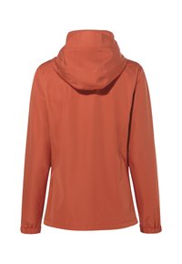 Roestkleurige capuchonjack met lange mouwen en elastische manchetten, weergegeven vanaf de achterkant op een witte achtergrond.