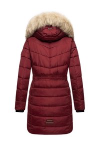 Maroon puffer coat with a faux fur-lined hood, elastic waist, long sleeves, and chevron quilted pattern. Features a logo patch at the hem.