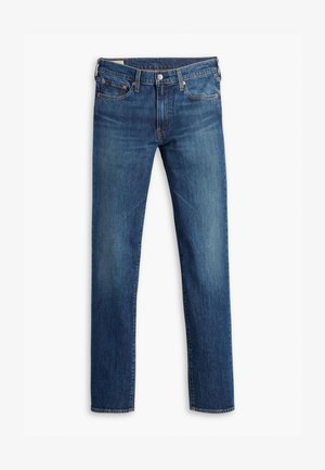 Jeans in denim blu da uomo a gamba dritta con cinque tasche, chiusura con bottone e leggeri effetti di usura sul davanti e sulle cosce.