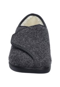 Gray felt slipper with a soft interior, cross-over design, and black trim. Features a rounded shape and flat rubber sole for comfort.