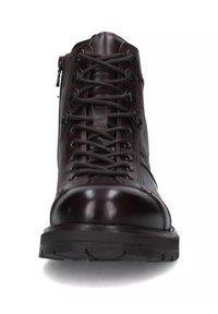 Bottines en cuir marron à lacets avec une finition brillante, dotées d'une fermeture éclair à l'avant, d'un bout rond et de semelles en caoutchouc texturé.