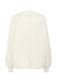 Pulover supradimensionat de culoare crem, cu o croială relaxată, decolteu rotund și mâneci tip balon. Material moale, texturat, cu manșete cu dungă.