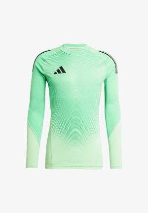 Maglietta atletica a maniche lunghe di colore verde menta, con un motivo texturizzato, colletto rotondo e dettagli neri, compreso il logo Adidas sul petto.