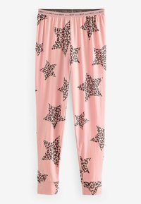 Vaaleanpunaiset pyjamahousut, joissa on suuria mustia leopardi-printtitähtiä. Ne on valmistettu pehmeästä kankaasta, ja niissä on joustava vyötärö ja resorit nilkoissa.