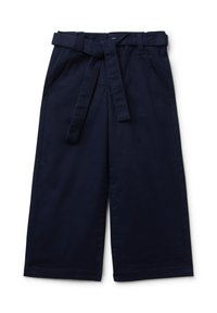 Marineblauwe wijd uitlopende broek van katoen met een ceintuur in de taille, twee voorzakken en een gladde textuur.
