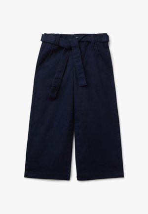 Marineblauwe wijd uitlopende broek van katoen met een ceintuur in de taille, twee voorzakken en een gladde textuur.