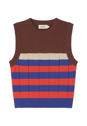 Ärmellose Strickweste mit braunem Oberteil, beigem Streifen und abwechselnd blauen und roten horizontalen Streifen darunter.