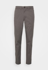 Gray cotton trousers with a straight fit, featuring a button closure, belt loops, and a smooth texture. No visible patterns or accents.