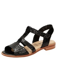 Schwarze Sandale mit geflochtenem Design, Überkreuzriemen, weitem offenen Zehenbereich und niedrigem Holzabsatz. Glattes Lederinnere.