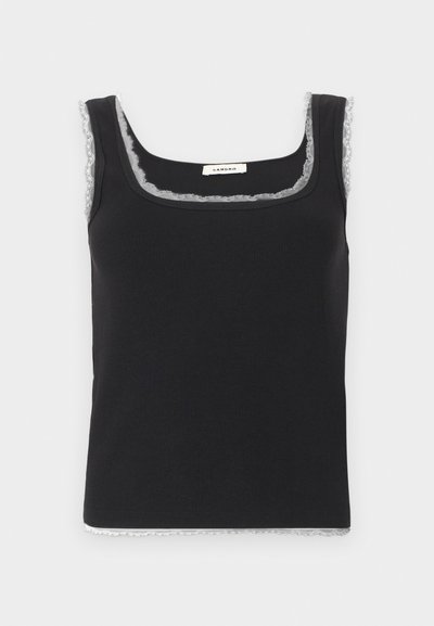 Débardeur noir côtelé sans manches avec encolure carrée et bordure en dentelle blanche, présenté sur un fond clair uni.