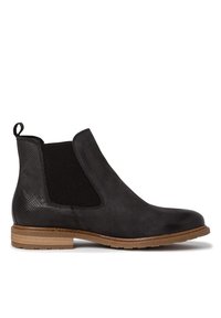 Stivale alla caviglia in pelle nera con pannelli laterali elastici, dettagli strutturati e suola in gomma marrone. Presenta una linguetta sul retro.