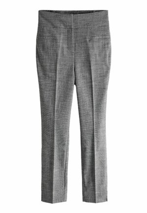 Pantaloni grigi su misura con un tessuto a texture, taglio dritto e due tasche posteriori. Design pulito senza hardware visibile o motivi.