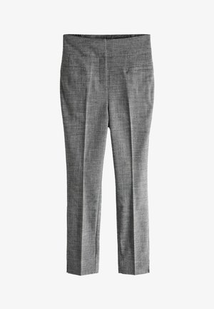 Grå skræddersyede bukser med et tekstureret stof, lige ben og to baglommer. Rent design uden synligt hardware eller mønstre.