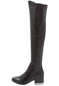 Bottes noires au-dessus du genou en cuir lisse, avec des panneaux latéraux élastiques, bout rond et un petit talon empilé avec un accent blanc.