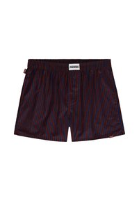 Pasiastych bokserów w ciemnoniebieskim i czerwonym kolorze, wykonanych z miękkiej tkaniny. Elastyczny pas, klasyczny krój, metka z logo z boku, minimalne detale.