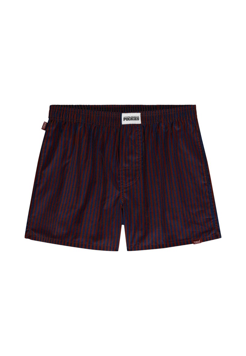 Pasiastych bokserów w ciemnoniebieskim i czerwonym kolorze, wykonanych z miękkiej tkaniny. Elastyczny pas, klasyczny krój, metka z logo z boku, minimalne detale.