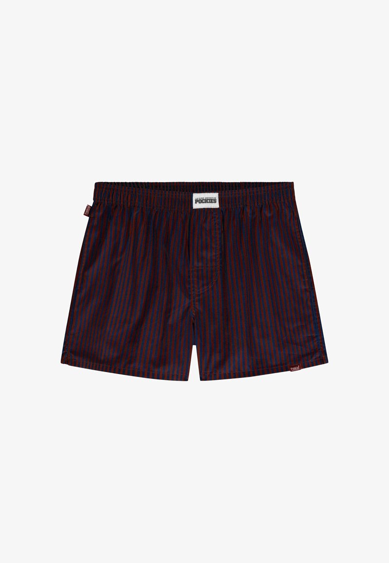 Pasiastych bokserów w ciemnoniebieskim i czerwonym kolorze, wykonanych z miękkiej tkaniny. Elastyczny pas, klasyczny krój, metka z logo z boku, minimalne detale.