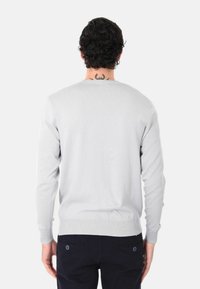 Maglione a maglia grigio chiaro con maniche lunghe, polsini e orlo a costine, e scollatura arrotondata. Presenta una texture liscia senza motivi visibili.