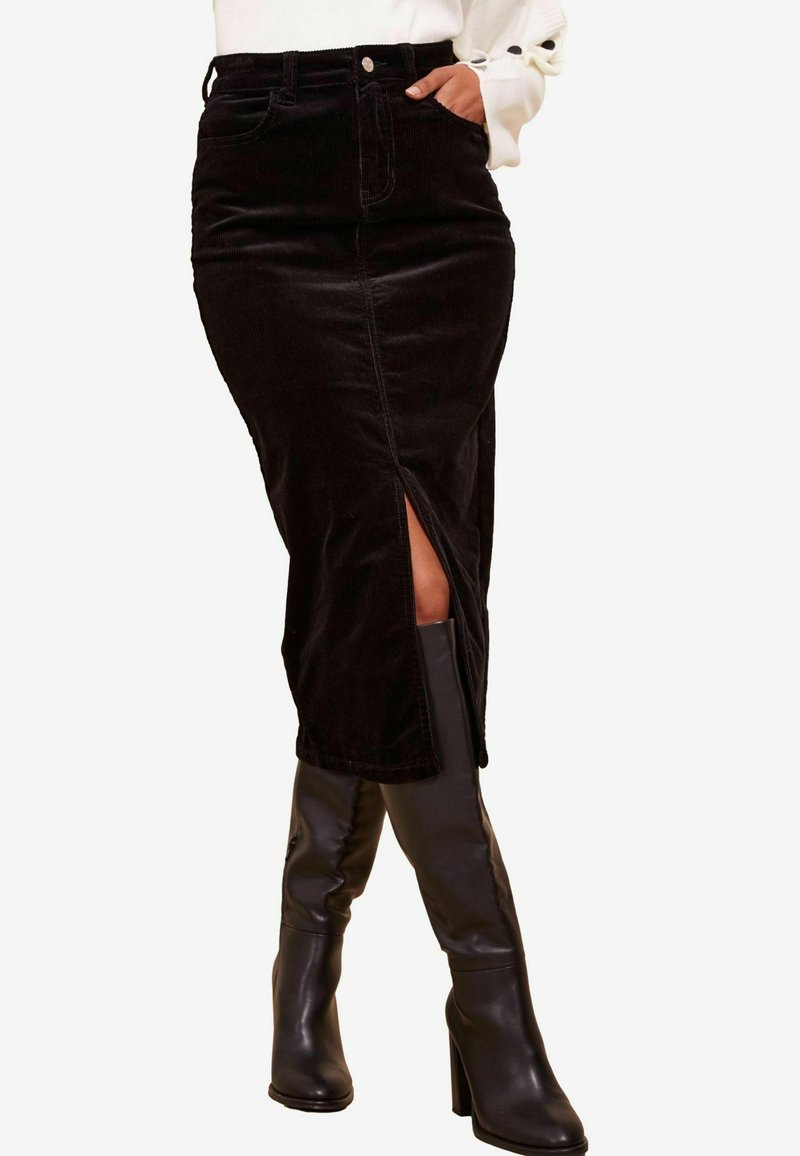 Friends Like These SPLIT FRONT MIDI - Jeansrok - black corduroy