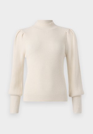 Light cream ribbed knit sweater, high neckline, fitted body, puffed sleeves, and tapering cuffs, featuring soft texture and slight stretch.