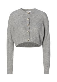 Sweter kardigan w jasnoszarym kolorze, o dzianinowej teksturze. Posiada okrągły dekolt, długie rękawy oraz sześć okrągłych guzików z przodu.