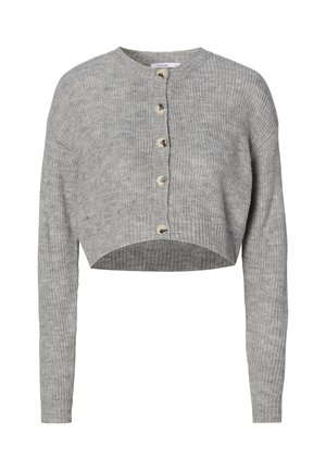 Korte cardigan in lichtgrijs, gebreide textuur. Heeft een ronde hals, lange mouwen en zes ronde knopen aan de voorkant.
