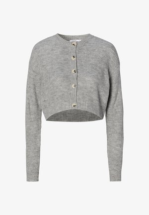 Cardigan court en gris clair, texture tricotée. Présente un col rond, des manches longues et six boutons ronds à l'avant.