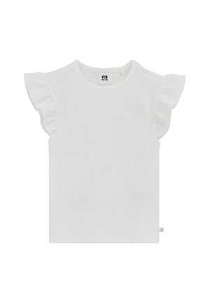 Hvid ribbet kortærmet top med flæseærmer og rund halsudskæring, størrelse 122/128, vist på en ensfarvet baggrund.