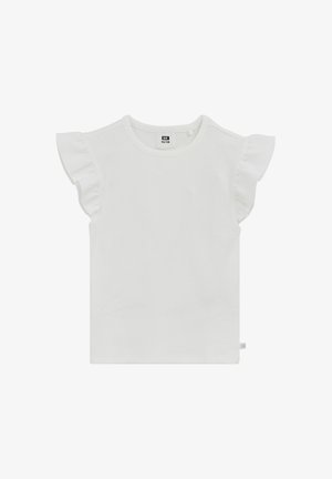 Top bianco a maniche corte a coste con maniche arricciate e scollo rotondo, taglia 122/128, mostrato su uno sfondo semplice.