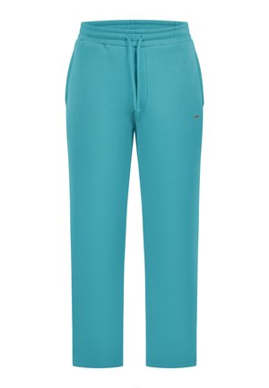 Türkisfarbene Jogginghose mit Kordelzugbund, geraden Beinen, Seitentaschen und einem kleinen Logo-Akzent am unteren Oberschenkel.